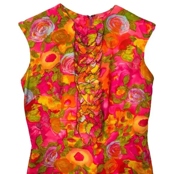 Vintage 60s Handmade Floral Sleeveless Dress 4 Small Hot Pink Ruffle Sheath - Picture 2 of 5